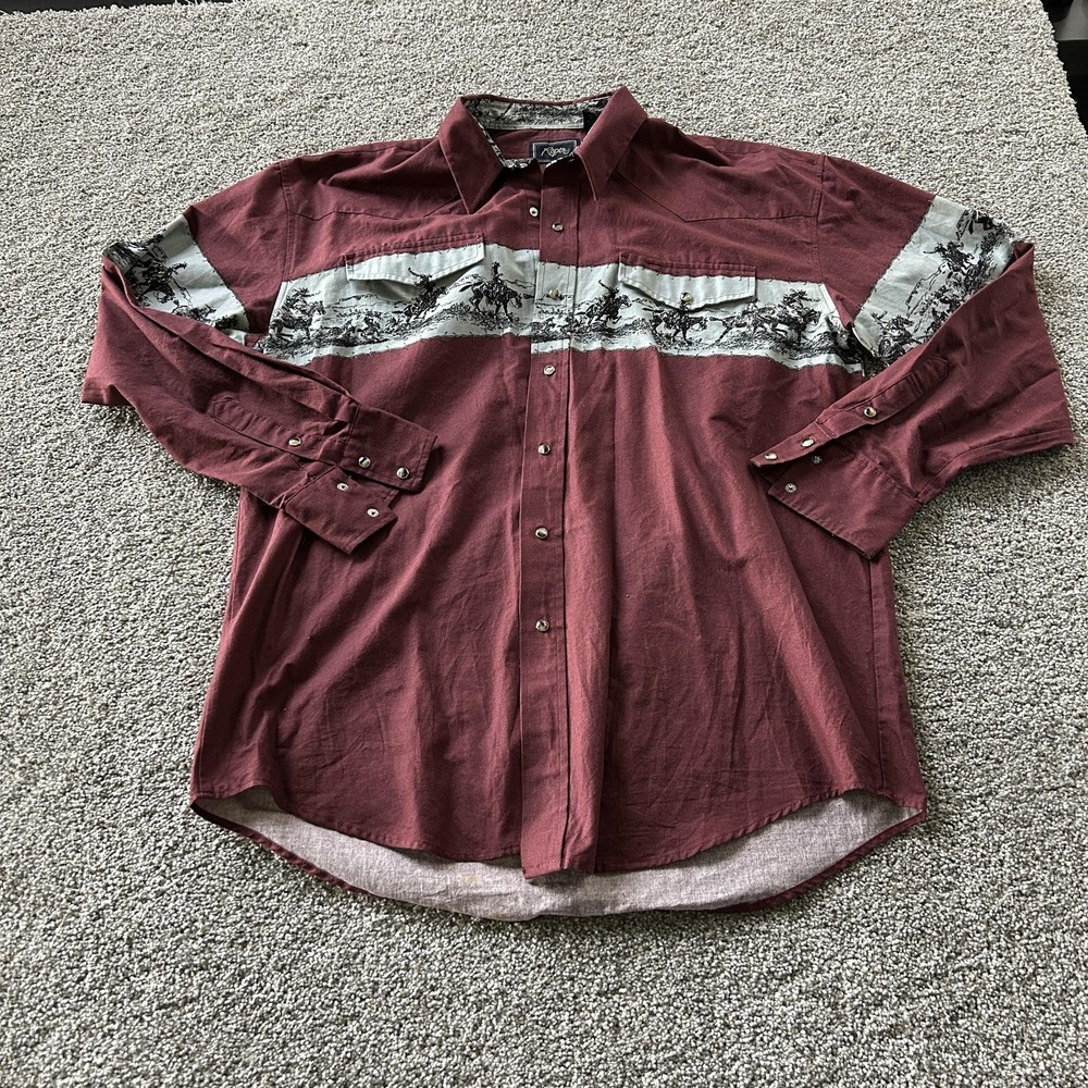 Roper Shirt Mens Large Red Western Graphic Long Sleeve Snap Button Up Pockets